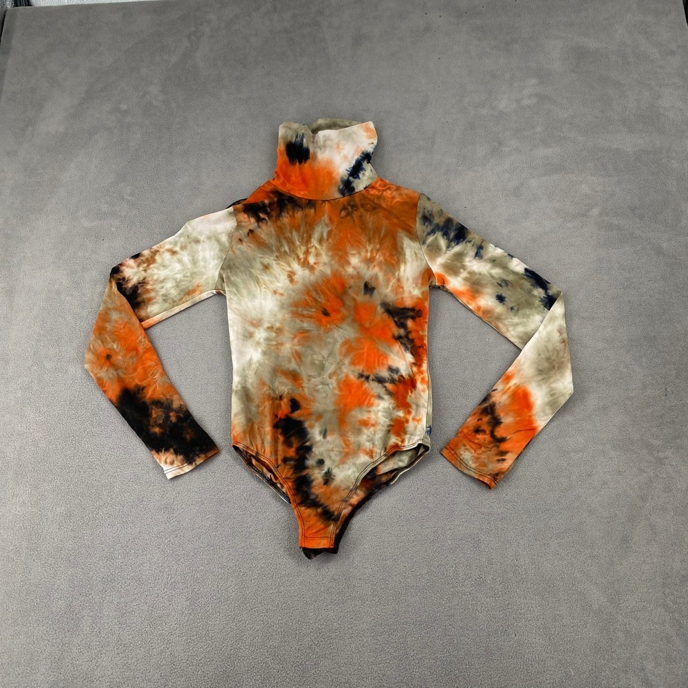 Heart & Hips Tie Dye Turtleneck Long Sleeve Bodysuit Orange Olive Black Small